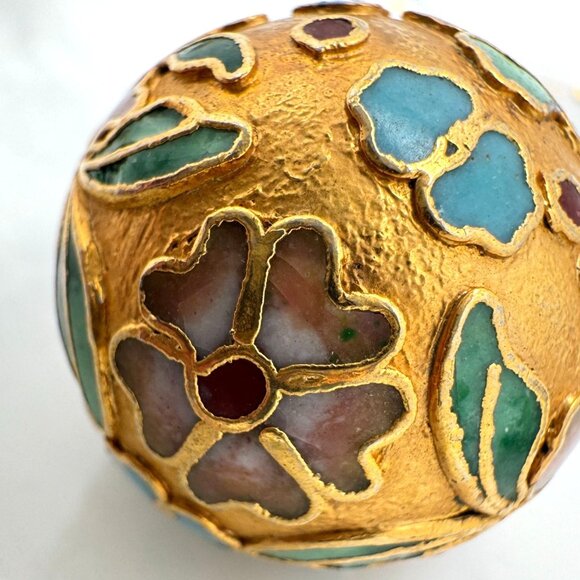 Champlevé Cloisonne 4 Gold Beads 25 MM Blue Green White Pink Flower - Picture 5 of 6
